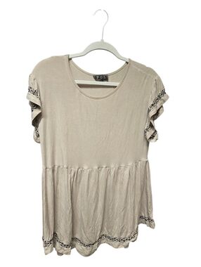 POL Cream Short-Sleeve Peplum Tunic with Embroidered Trim Sz. S